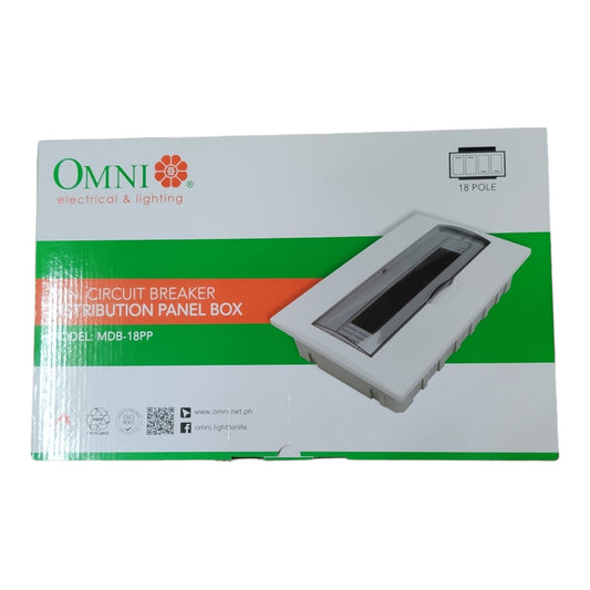 OMNI Electrical & Lighting 18 Pole Circuit Breaker Distribution Panel Box model MD8-18PP, shown in its original white, green, and orange retail packaging box against a white background.
