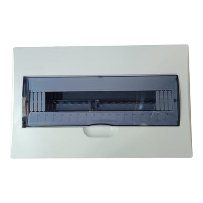 A white electrical distribution board cover with a dark gray translucent front panel and a central pull handle, shown on a plain white background.