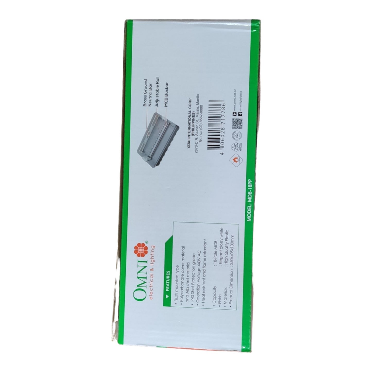 The back of the packaging box for the Omni Pocket multi-tool, showing product specifications, a barcode, and a small graphic of the tool on a white background with green borders.