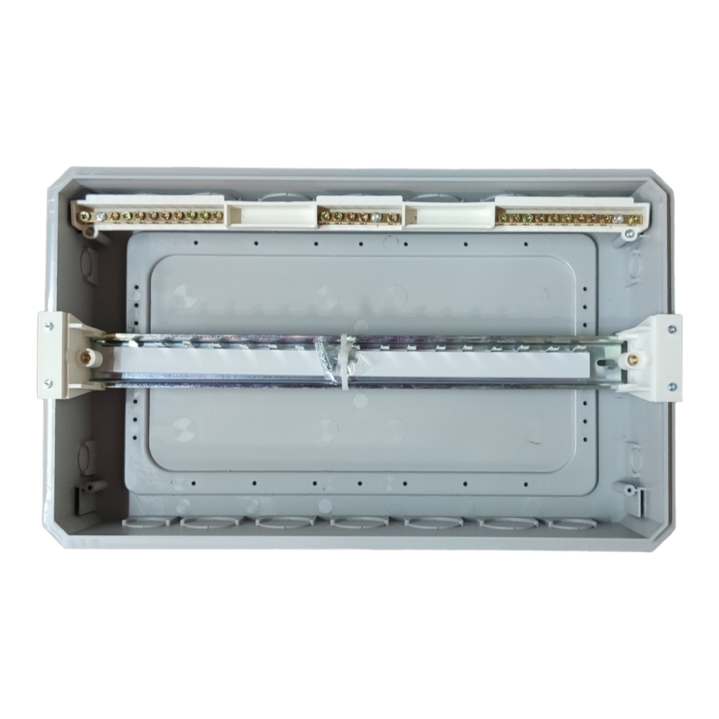 Gray metal junction box with a removed top cover, showing internal wiring channels, screw terminals, and mounting brackets on a white background.