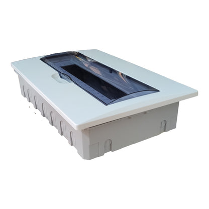 A rectangular gray plastic utility box with a hinged light-gray lid and a dark translucent window on top, shown on a plain white background.
