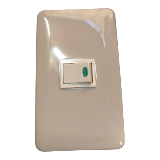 A single-gang wall switch with a glossy beige faceplate and a central white rocker switch featuring a small green indicator window, shown against a plain white background.