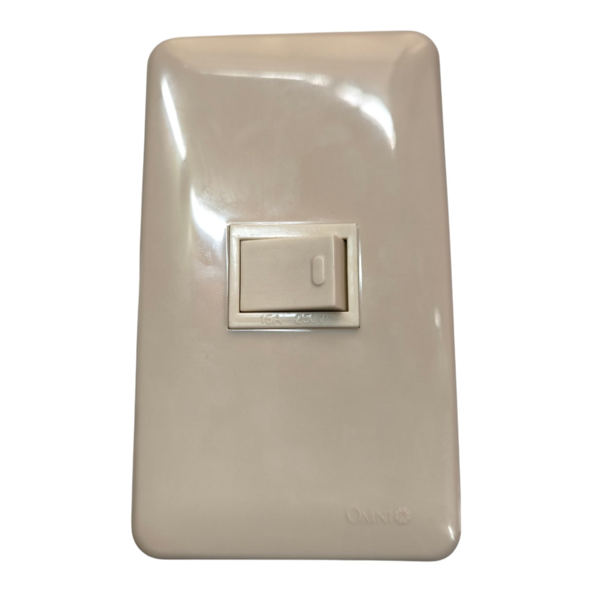 A single-toggle wall switch in a matching beige plastic faceplate, shown against a plain white background.