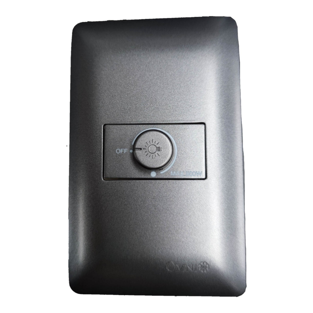 A matte black square wall switch plate featuring a central round light dimmer switch with 'OFF' and 'MAXIMUM' labels, on a plain white background.