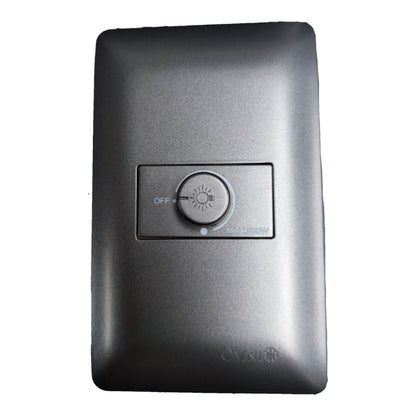A matte black square wall switch plate featuring a central round light dimmer switch with 'OFF' and 'MAXIMUM' labels, on a plain white background.