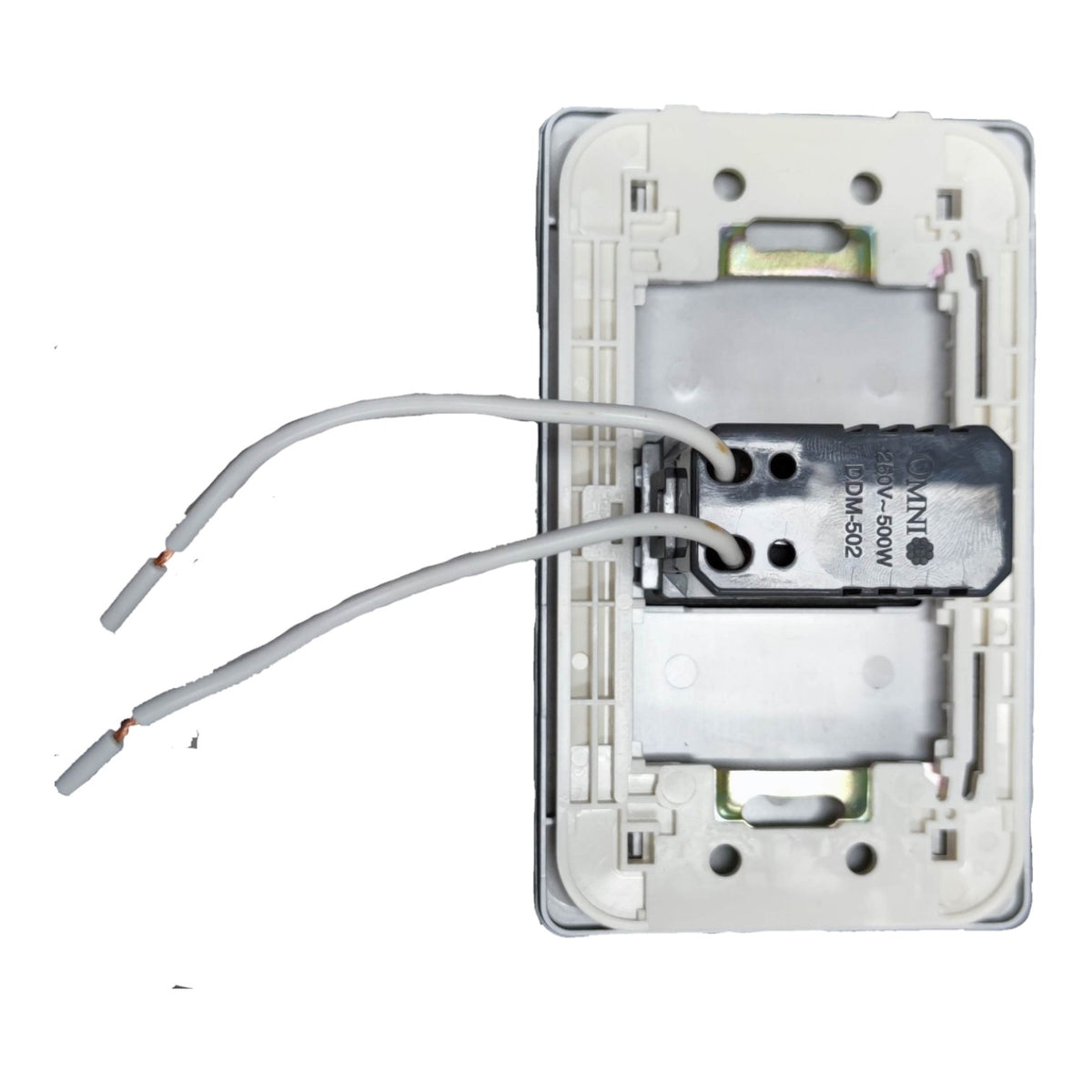 An open white plastic electrical switch socket showing the internal mechanism, including two exposed gray wires, a black central component, and printed text 'SUNWAY' and 'DCK-502'.