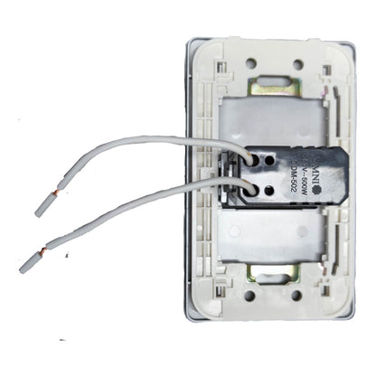 An open white plastic electrical switch socket showing the internal mechanism, including two exposed gray wires, a black central component, and printed text 'SUNWAY' and 'DCK-502'.