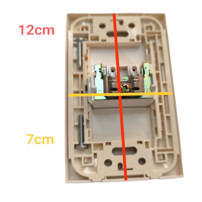 A beige plastic electrical switch socket backplate shown on a white background with red and yellow measurement lines and text indicating dimensions 12cm and 7cm.
