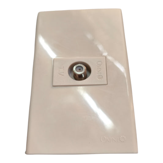 An Onnio wall plate or backplate in a warm cream/beige color, featuring a central metal coaxial connector with a protective clear cap and a small metal label plate. The Onnio brand name is embossed near the bottom right.