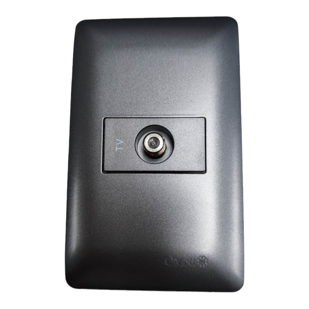 A black wall-mounted TV antenna jack plate with a single coaxial connector in the center, shown against a plain white background.