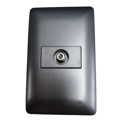 A black wall-mounted TV antenna jack plate with a single coaxial connector in the center, shown against a plain white background.