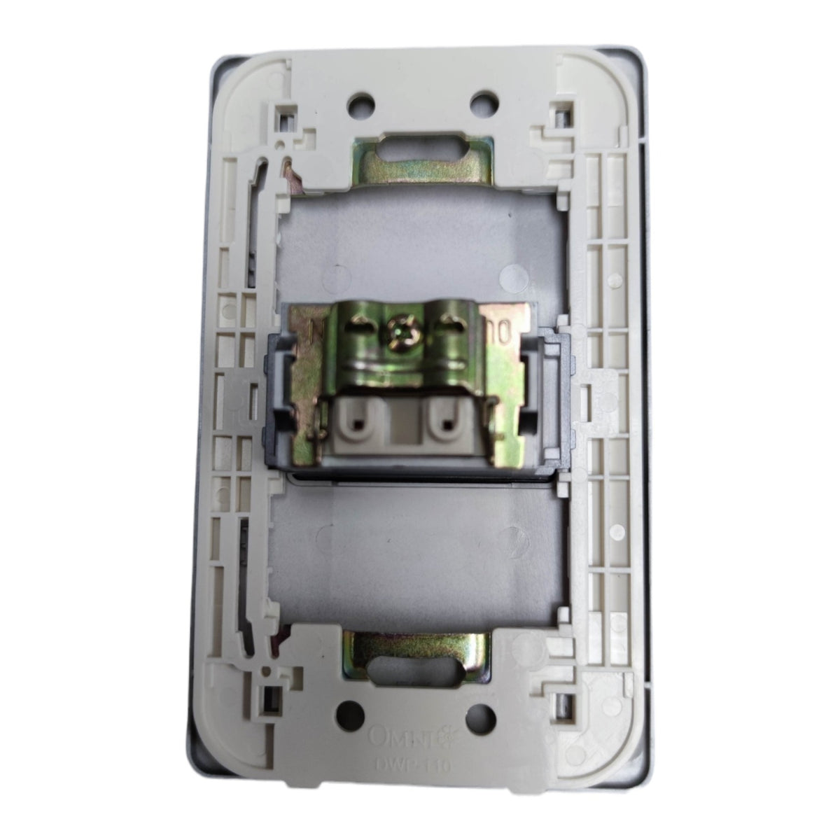 An exposed light switch socket backplate showing the internal metal terminals and mounting hardware, photographed against a plain white background.