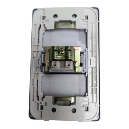 An exposed light switch socket backplate showing the internal metal terminals and mounting hardware, photographed against a plain white background.