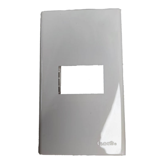 A glossy white rectangular plastic faceplate with a central rectangular cutout and a small vertical slot on the left side, featuring the 'OMNI' brand logo in the bottom right corner.