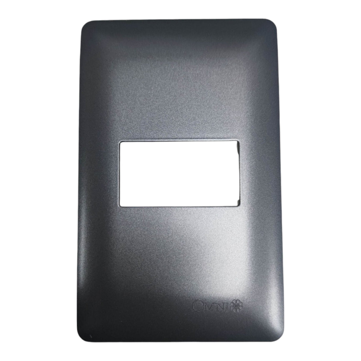 A black textured plastic rectangular faceplate with a central rectangular cutout, featuring a subtle embossed logo at the bottom right.
