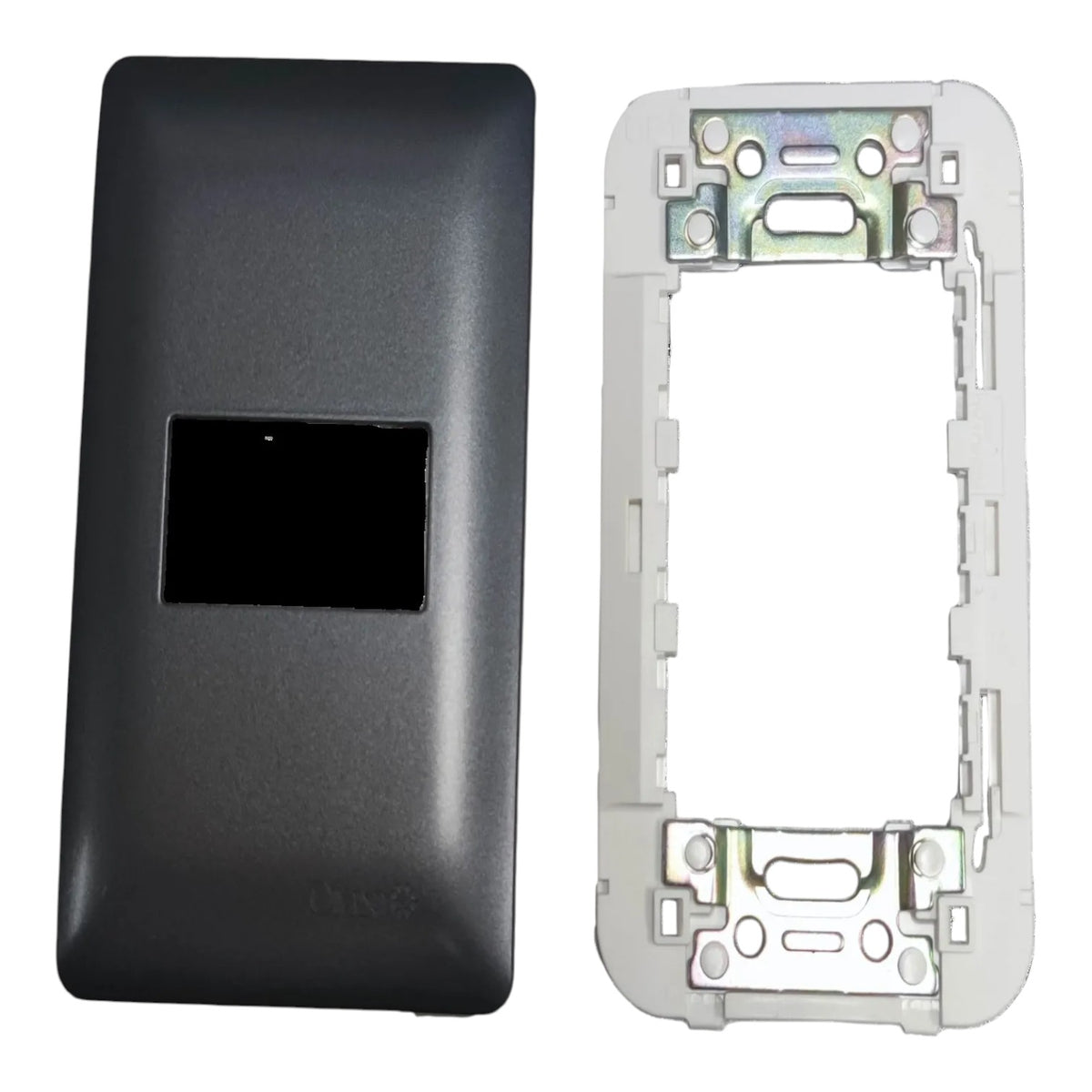 A replacement phone jack cover set consisting of a black outer faceplate with a rectangular cutout and a white internal metal mounting frame, shown on a plain white background.