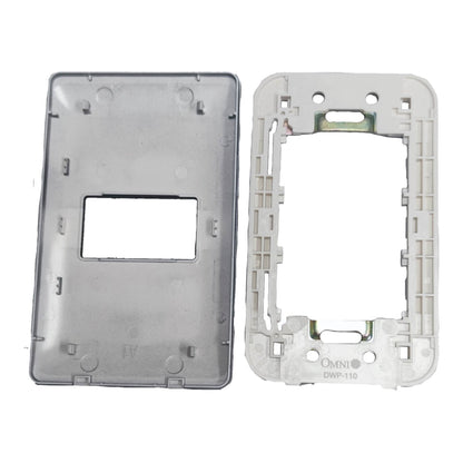 Two plastic electrical wall switch plate frames shown side by side on a white background, one in gray and one in off-white, both with a rectangular cutout in the center.