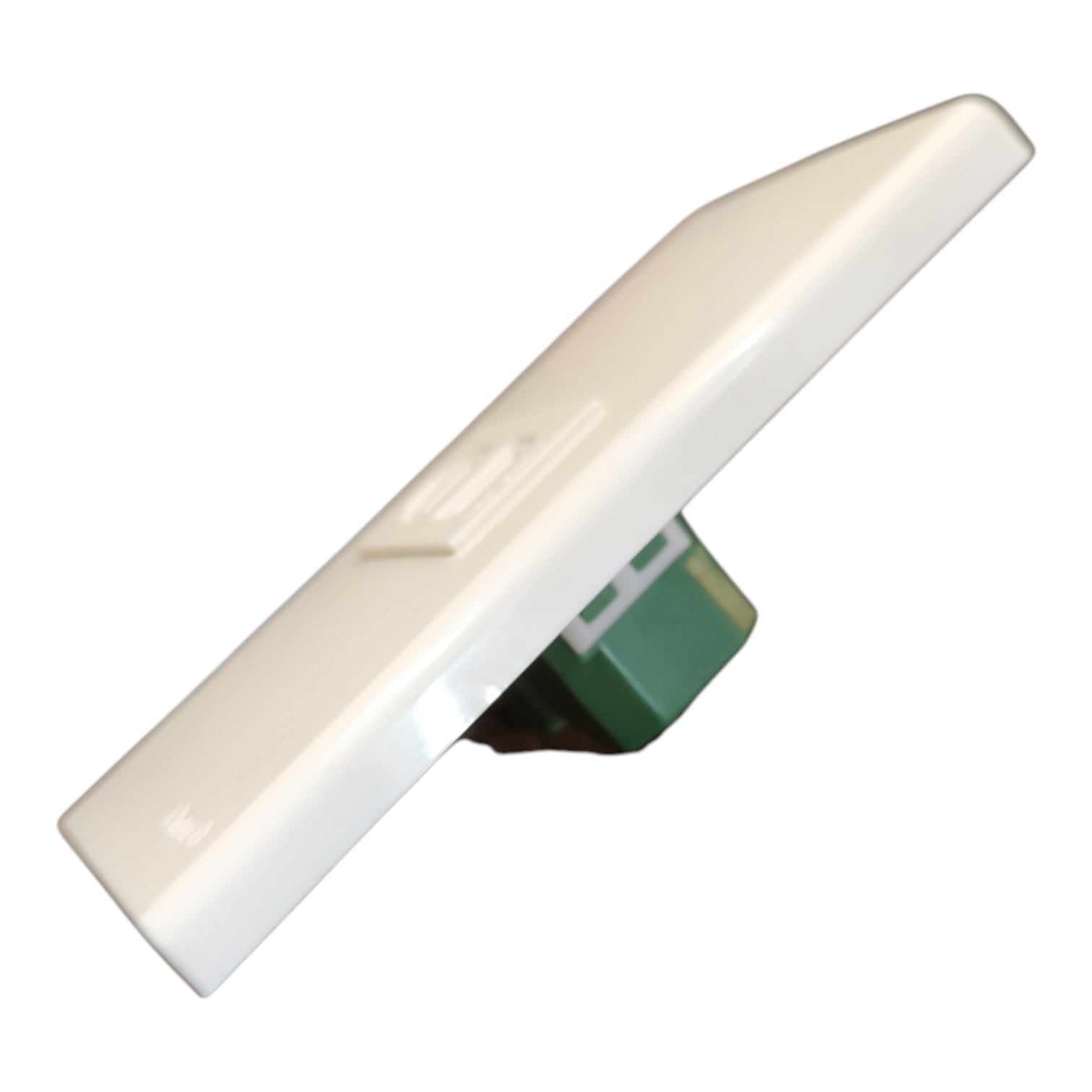 A white plastic door or window contact switch with a green terminal block connector, shown on a plain white background.