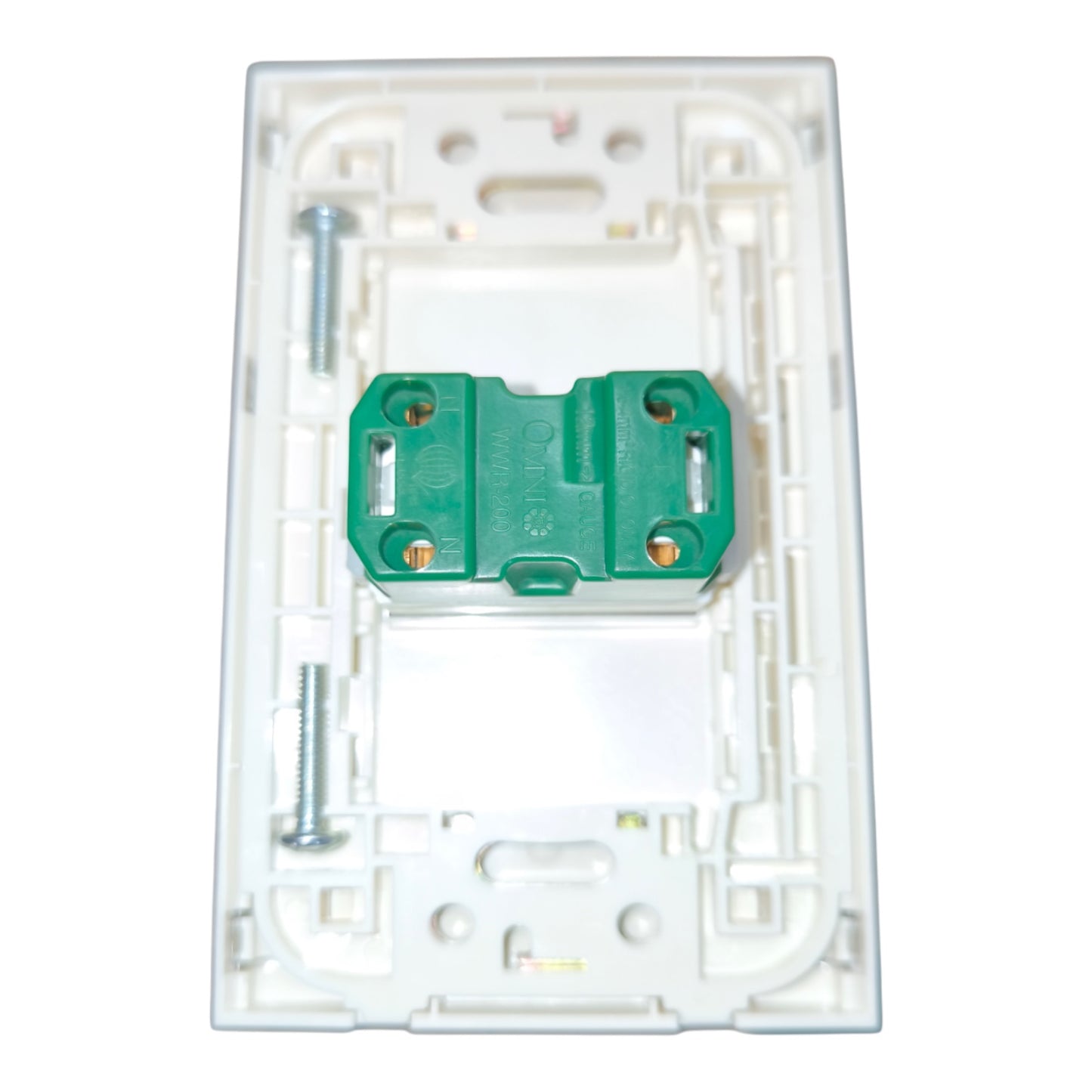 A white plastic modular electrical switch plate with a green terminal block connector and mounting screws, shown on a plain white background.