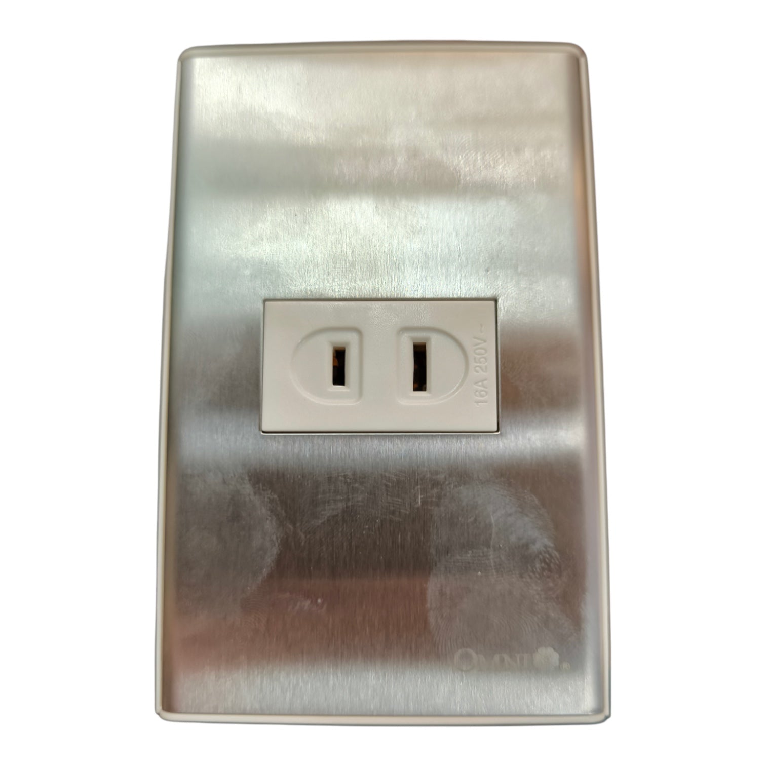 A brushed stainless steel electrical outlet cover plate with a white double-socket outlet in the center, shown against a plain white background.