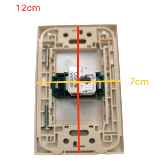 A beige plastic electrical switch socket backplate shown on a white background with red and yellow measurement overlays indicating dimensions of 12cm and 7cm.