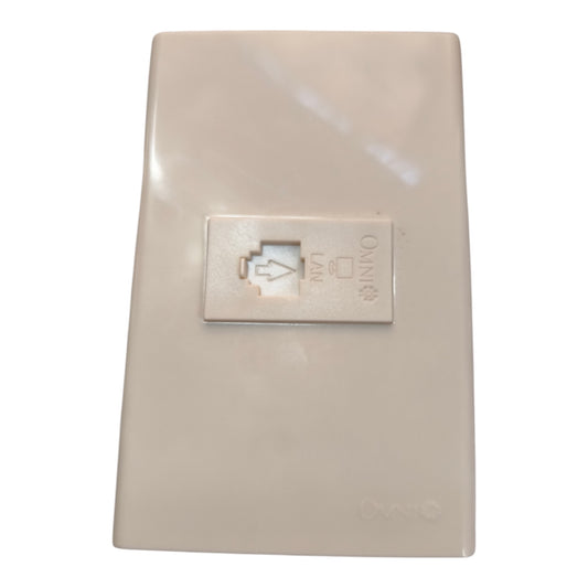 A beige RJ45 network module on a matching beige wall plate, shown against a plain white background.