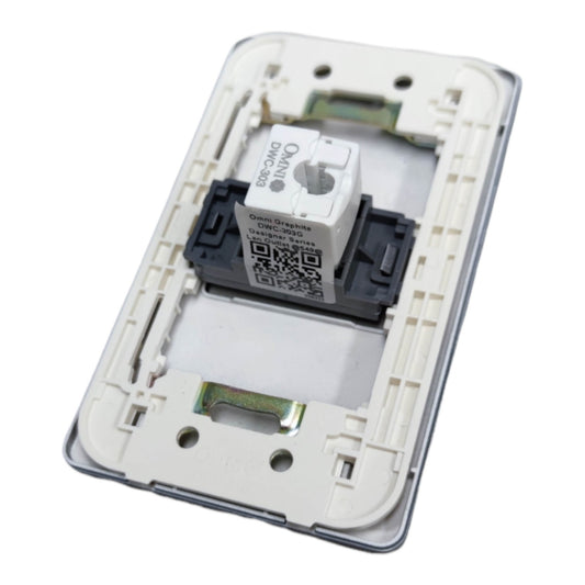 An electrical component, specifically a Danco DC-285 relay module, shown installed inside a beige plastic switch plate frame against a white background.