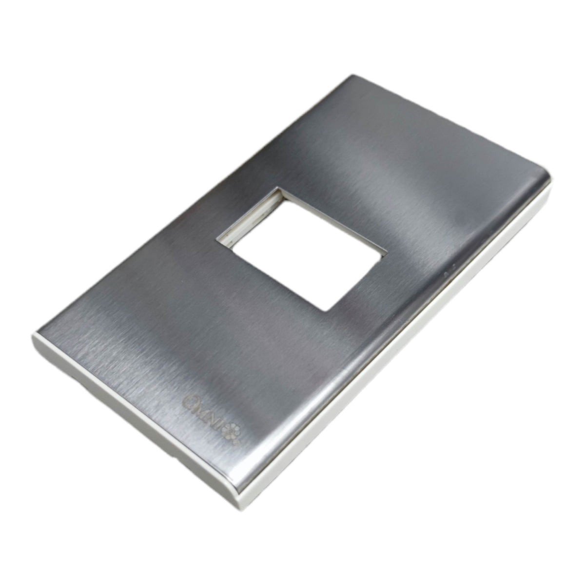 A brushed stainless steel light switch plate cover with a rectangular cutout, shown at an angle on a white background.