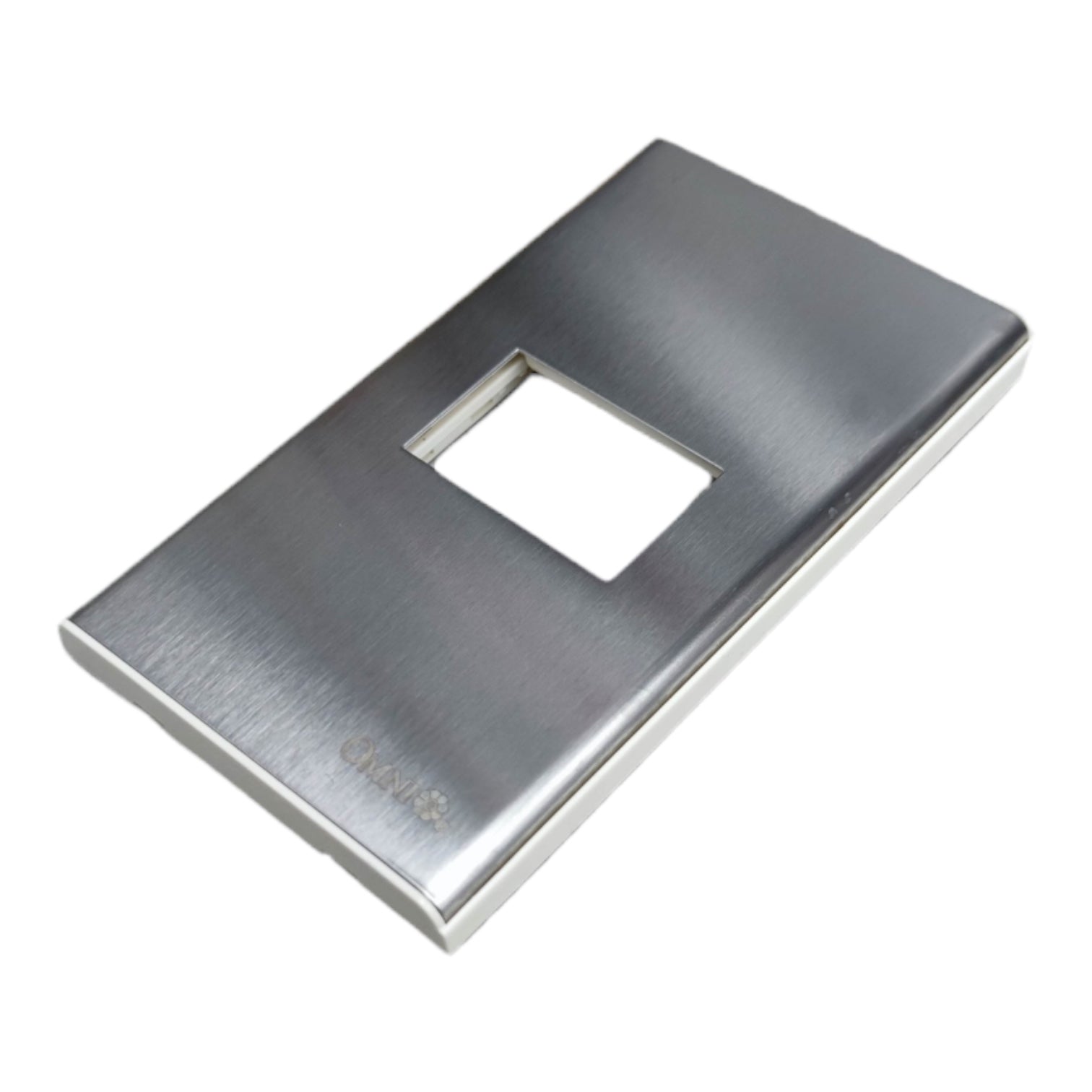 A brushed stainless steel light switch plate cover with a rectangular cutout, shown at an angle on a white background.