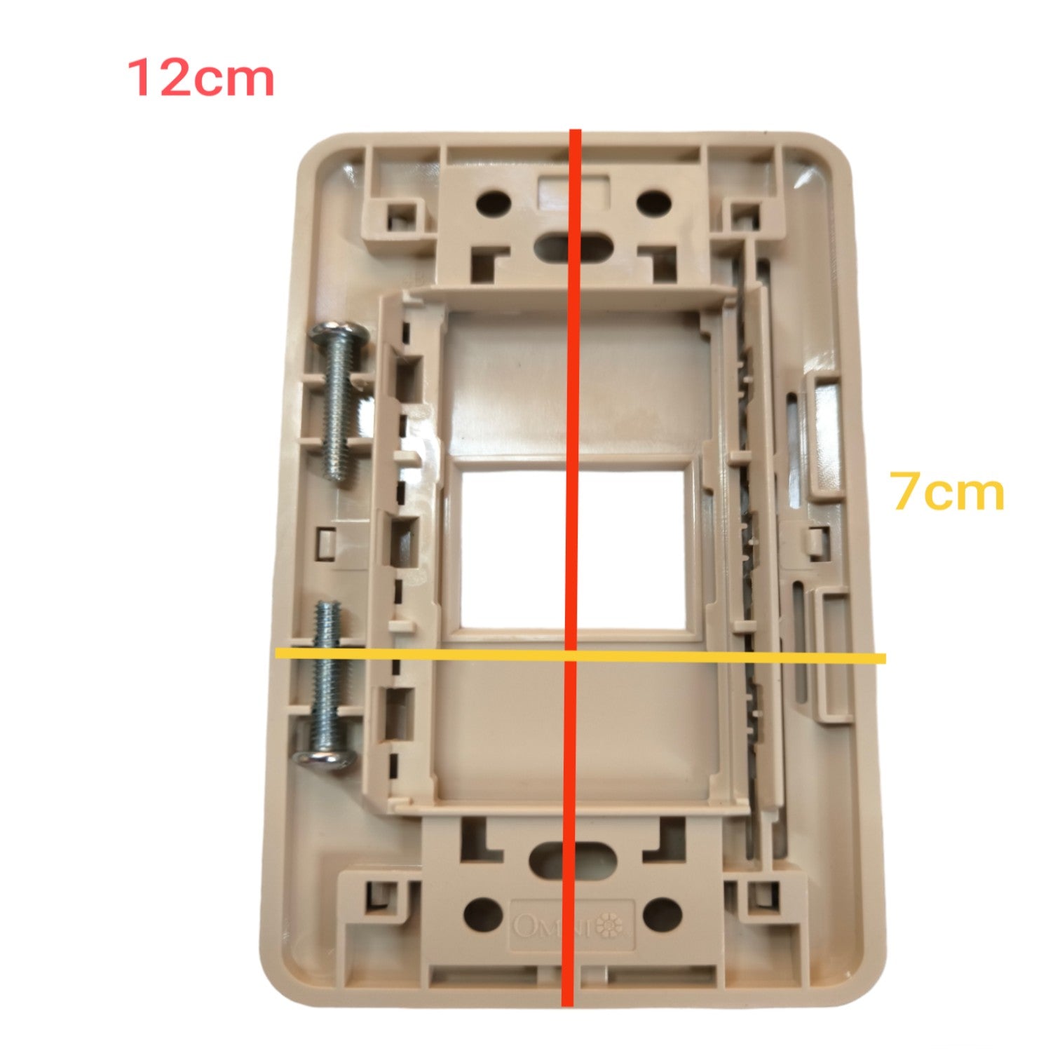 A beige plastic wall switch plate backplate shown on a white background with measurement overlays: a red vertical line labeled 12cm and a yellow horizontal line labeled 7cm.