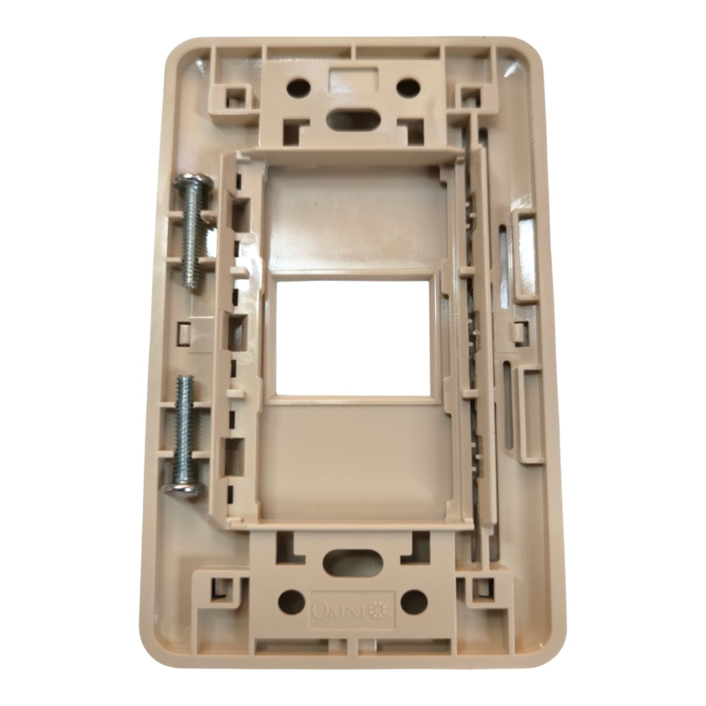 A beige plastic electrical wall plate frame with mounting hardware, shown on a solid white background.