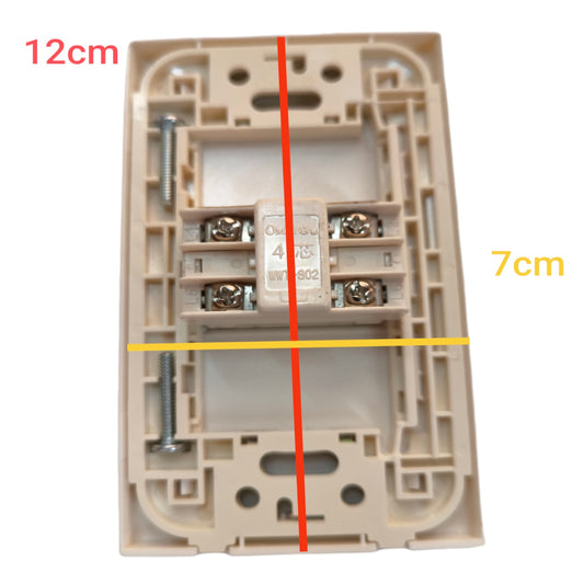 A beige plastic electrical terminal block or socket backplate shown on a white background with overlaid dimension lines and text reading 12cm vertically and 7cm horizontally.