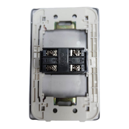 A close-up of a white plastic electrical switch plate or socket backplate with a black terminal block connector in the center, isolated on a white background.