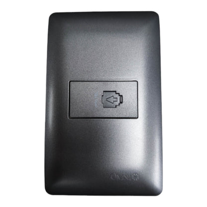 A black plastic electrical outlet cover plate with a recessed battery compartment icon in the center, shown against a plain white background.