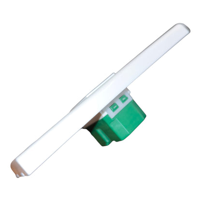 A white plastic replacement trim piece with a green connector base, shown diagonally on a plain white background.