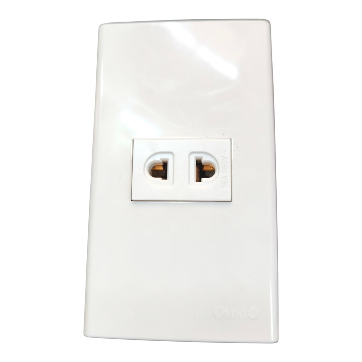 A white plastic two-outlet wall outlet cover plate with a glossy finish, featuring a molded double-socket US-style plug face and small 'OMNI' branding near the bottom right.