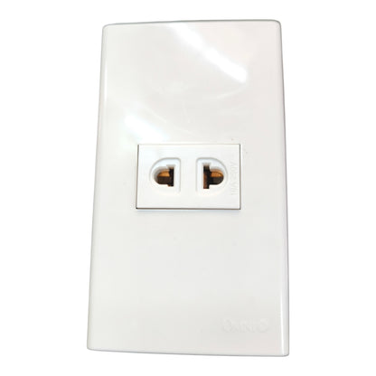 A white plastic two-outlet wall outlet cover plate with a glossy finish, featuring a molded double-socket US-style plug face and small 'OMNI' branding near the bottom right.