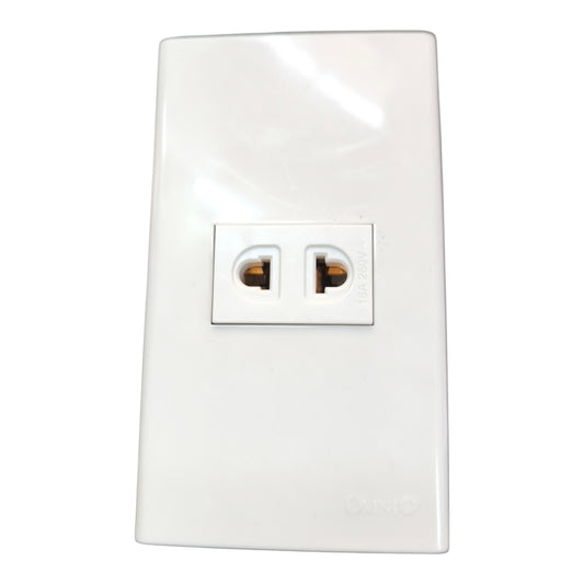 A white plastic two-outlet wall outlet cover plate with a glossy finish, featuring a molded double-socket US-style plug face and small 'OMNI' branding near the bottom right.