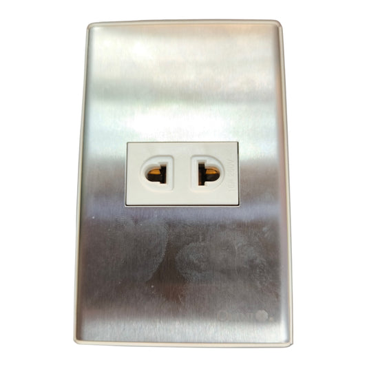 A brushed stainless steel double outlet electrical wall plate with a white center insert, shown against a plain white background.