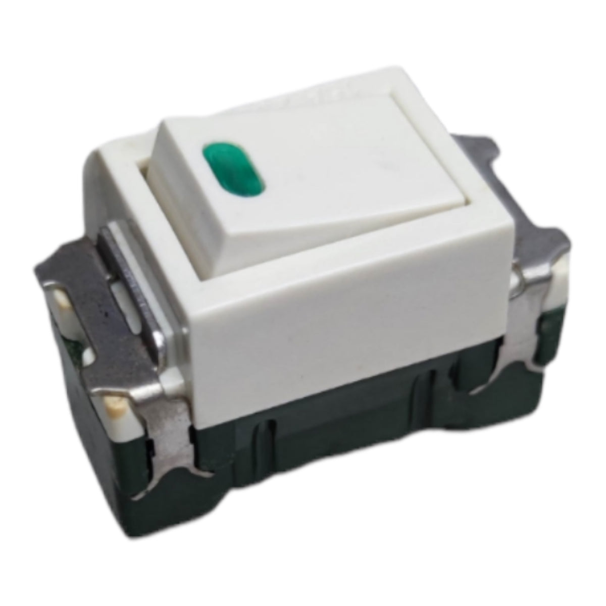 A small electrical switch component with a white top cover, a green oval indicator, and dark metal and black base elements, shown on a plain white background.