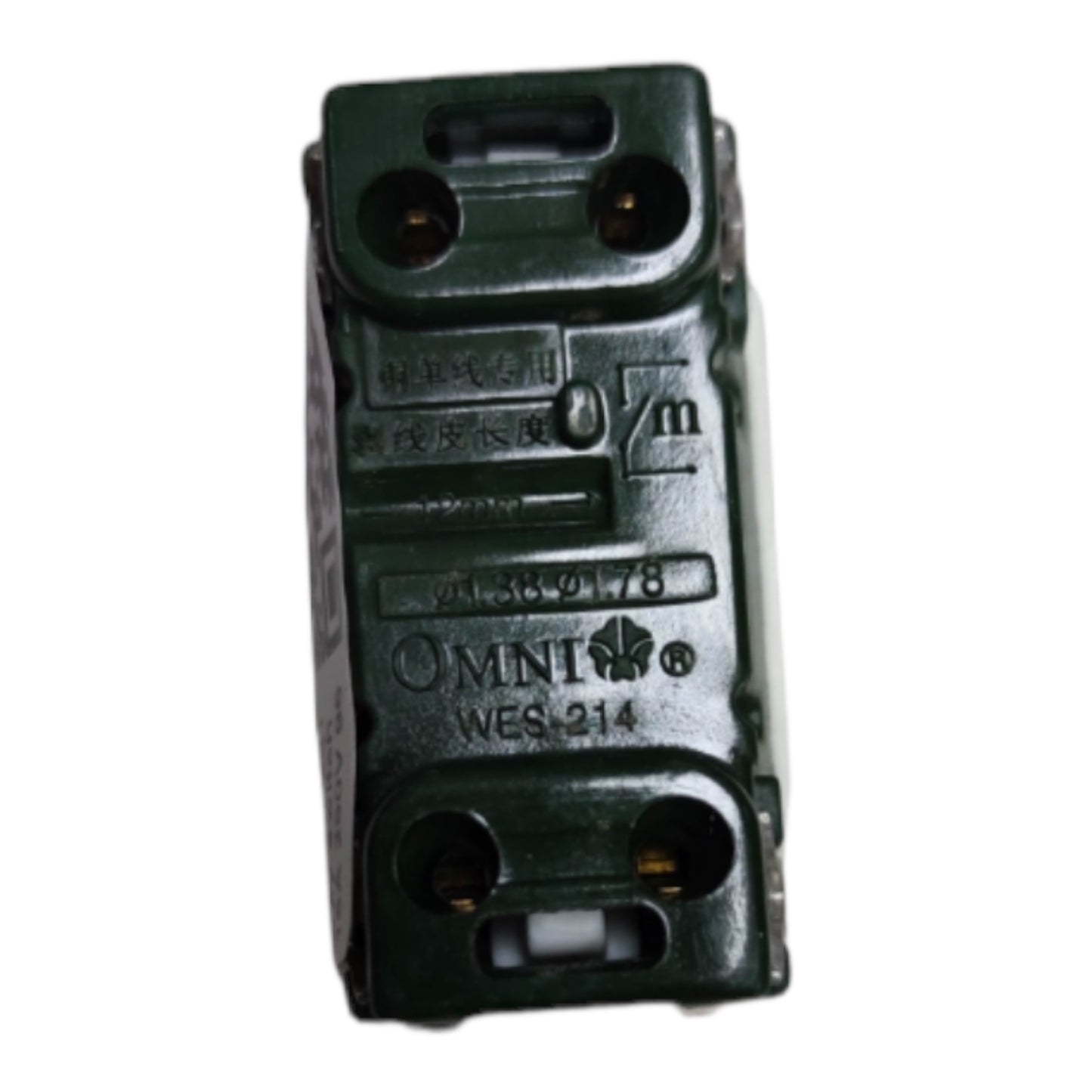 A dark green Omni WES-214 electrical connector or terminal block component, shown from a top-down view on a plain white background.
