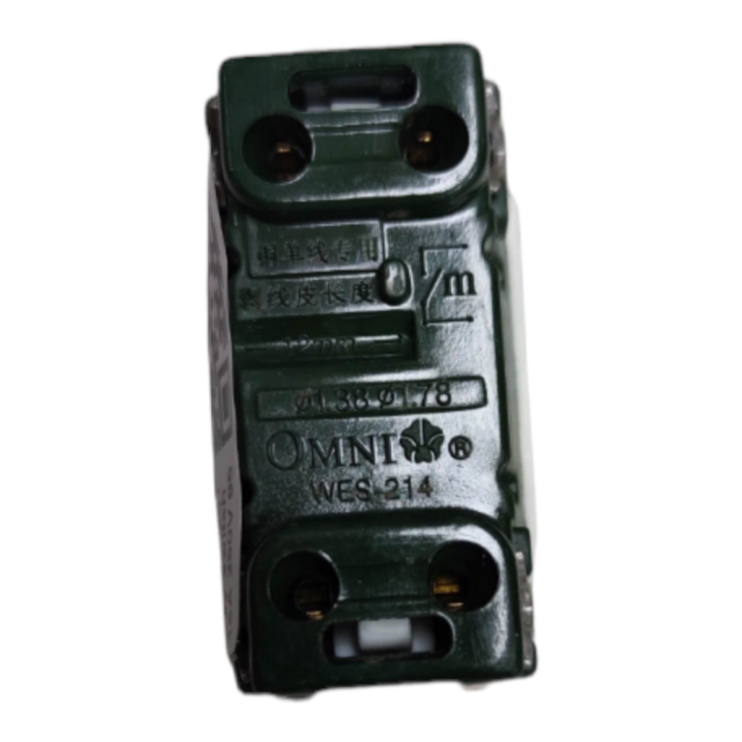 A dark green Omni WES-214 electrical connector or terminal block component, shown from a top-down view on a plain white background.