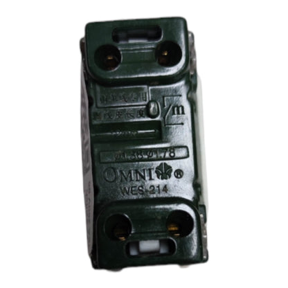 A dark green Omni WES-214 electrical connector or terminal block component, shown from a top-down view on a plain white background.