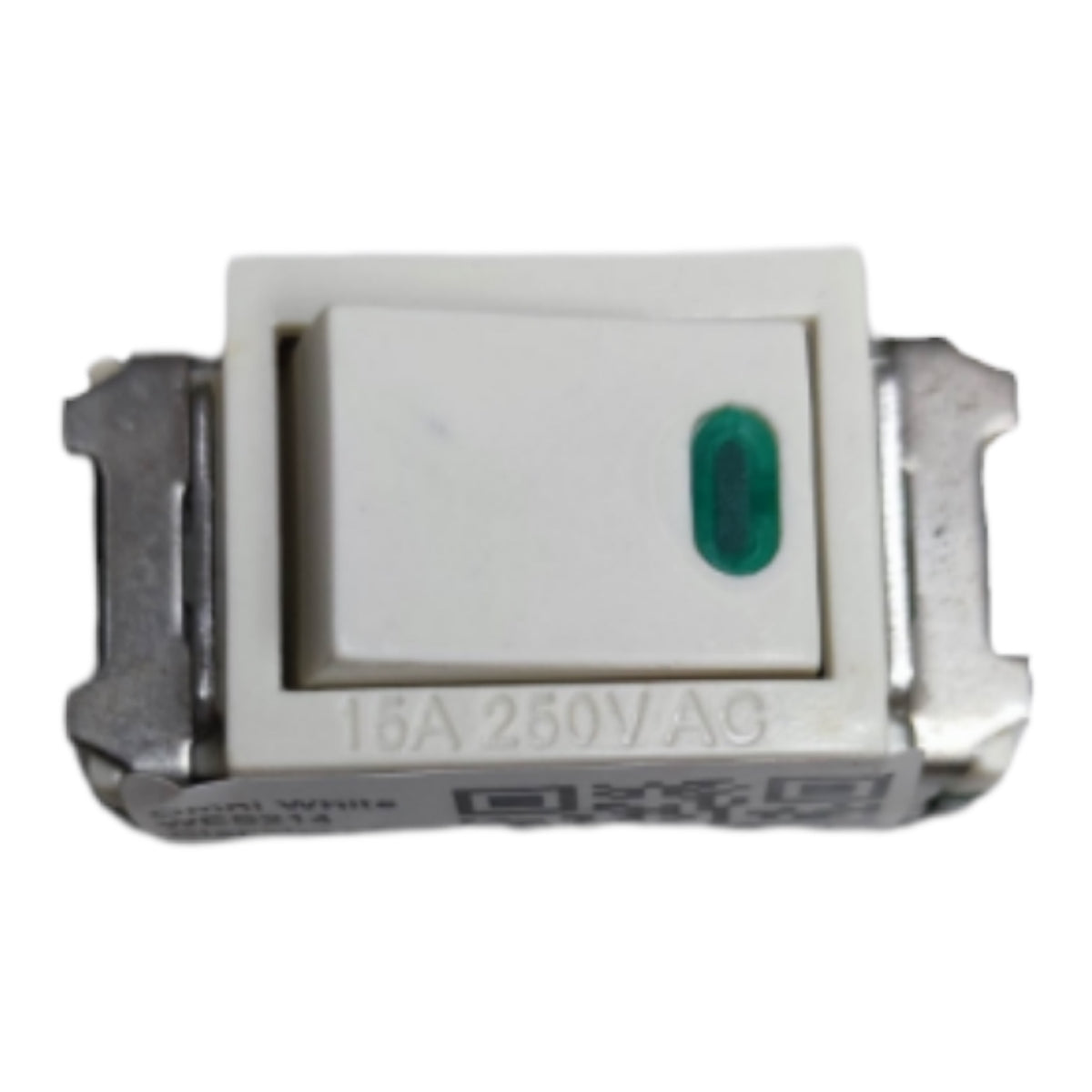 A small electrical switch component with a white rectangular body, a green oval button, and metal terminals on both sides, shown on a plain white background.
