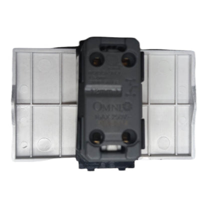 An Omnilux 250V 3A double outlet electrical connector with a black plastic center module and clear plastic side plates, shown on a white background.