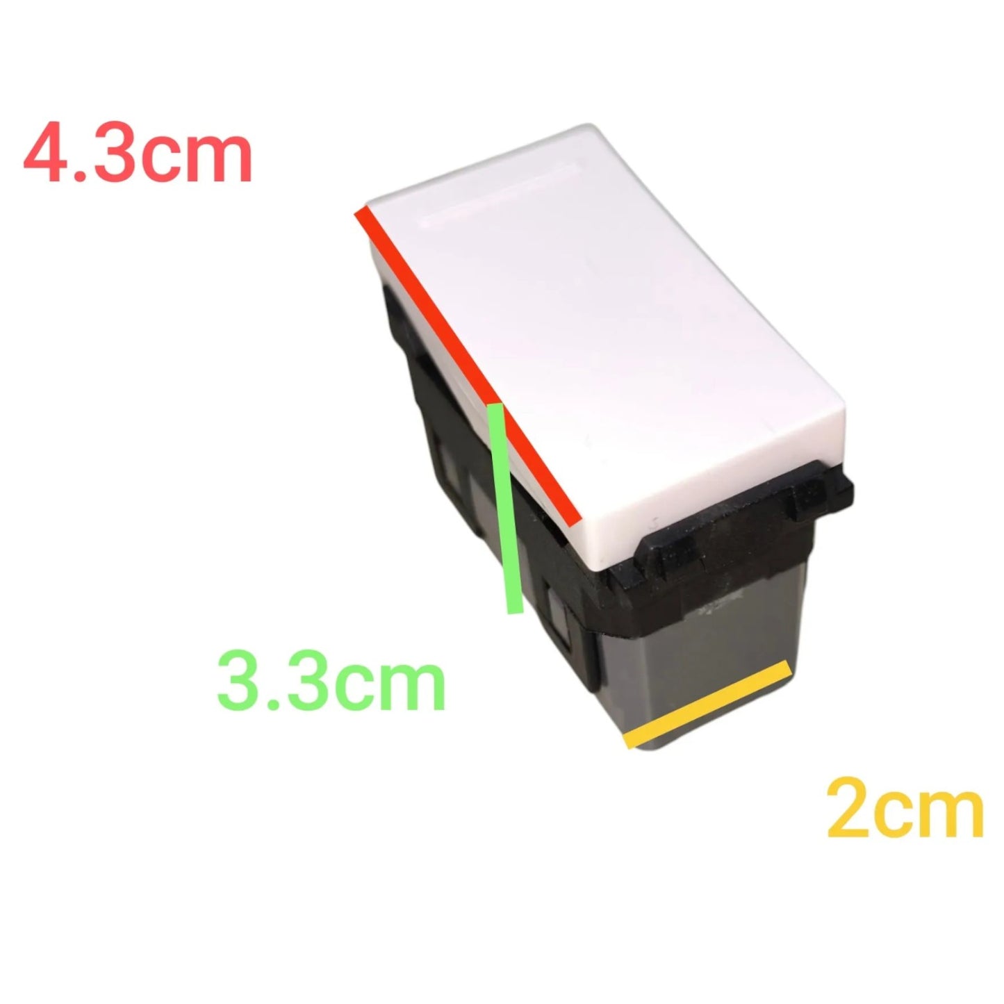 A rectangular black and white plastic component shown on a white background with overlaid dimension labels: 4.3cm in red, 3.