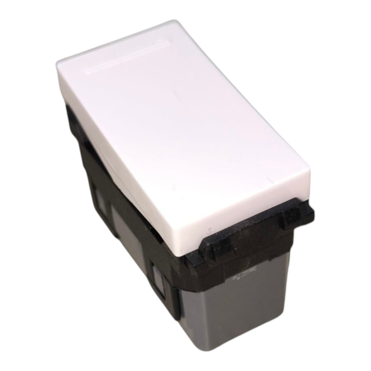 A rectangular light switch with a white plastic top and a black and gray plastic base, shown on a plain white background.