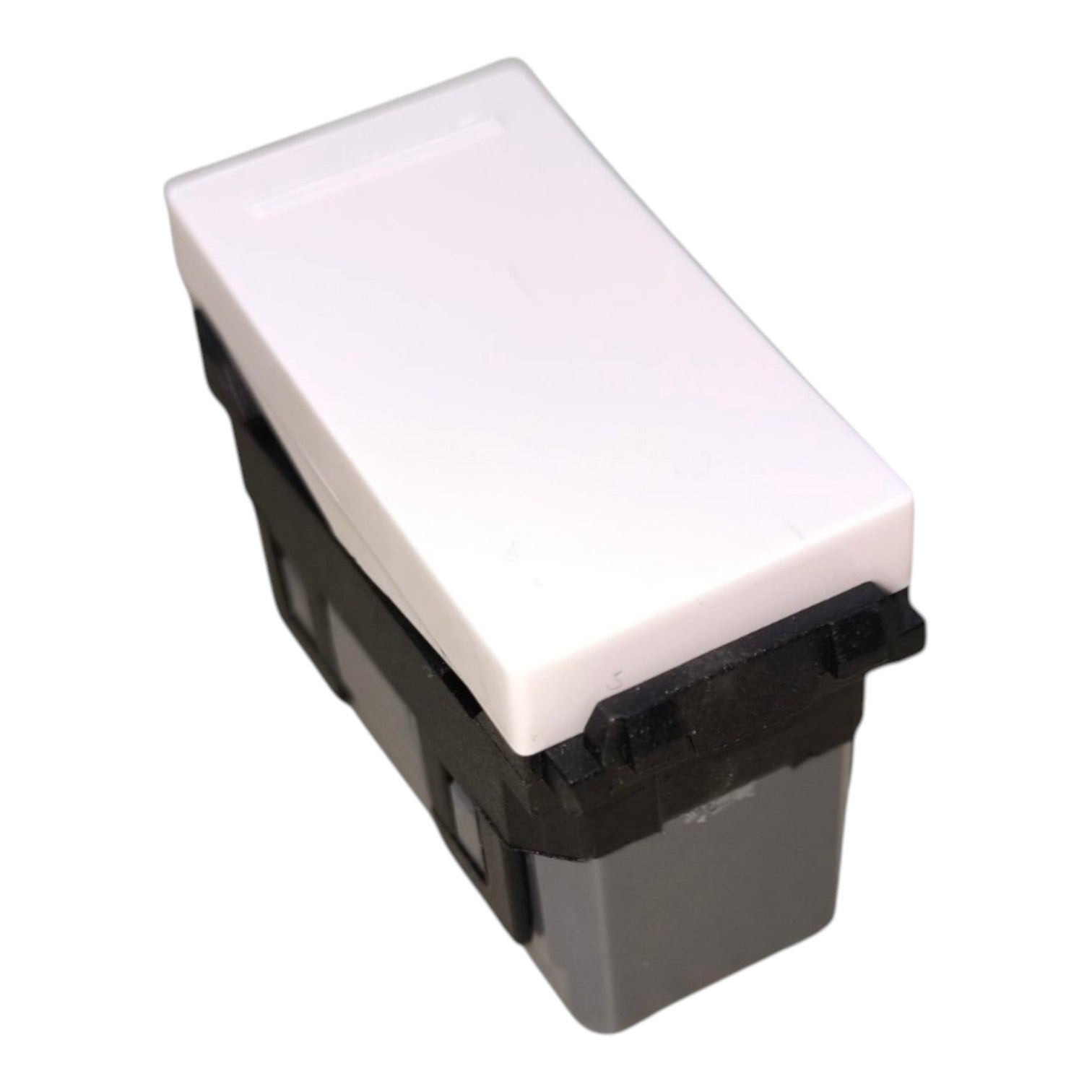 A rectangular light switch with a white plastic top and a black and gray plastic base, shown on a plain white background.
