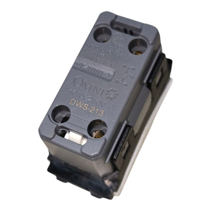 A gray Omni electrical contact relay, model DWS-213, with gold-colored text and terminal holes, shown on a plain white background.