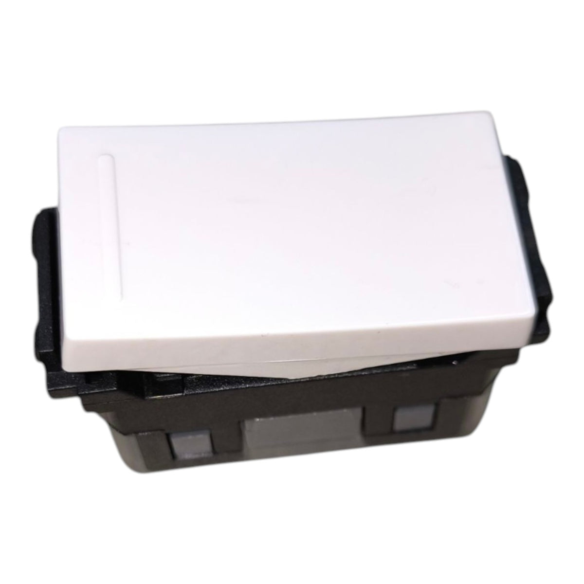 A single-toggle wall switch with a white plastic top cover and a black plastic base, shown on a plain white background.